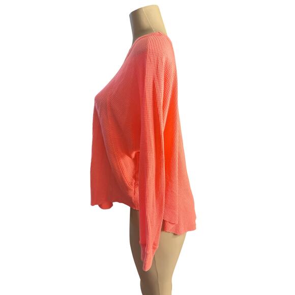 Women XS We The Free People Waffle Thermal Knit Blouse Shirt Top Tee Neon Pink - Picture 3 of 6